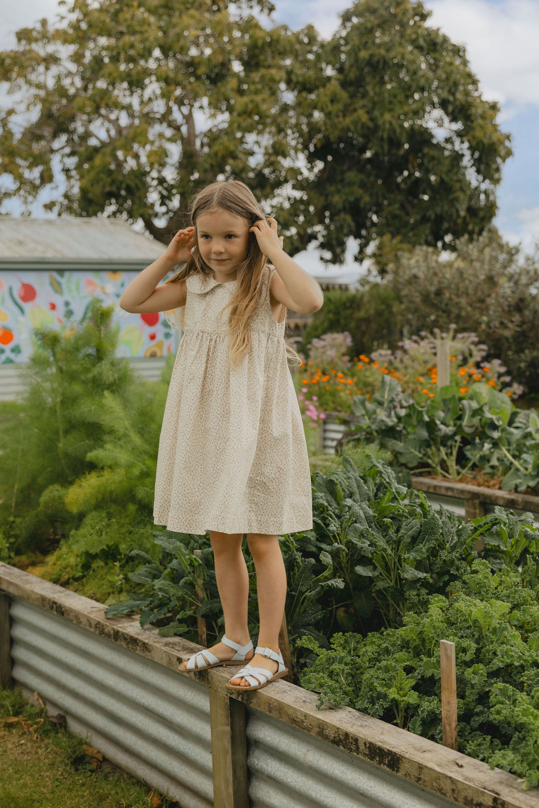 Elma Colette Dress in Haru Blossom Iris, featuring delicate purple florals on Japanese-milled cotton, a Peter Pan collar, back ties and a gathered skirt.