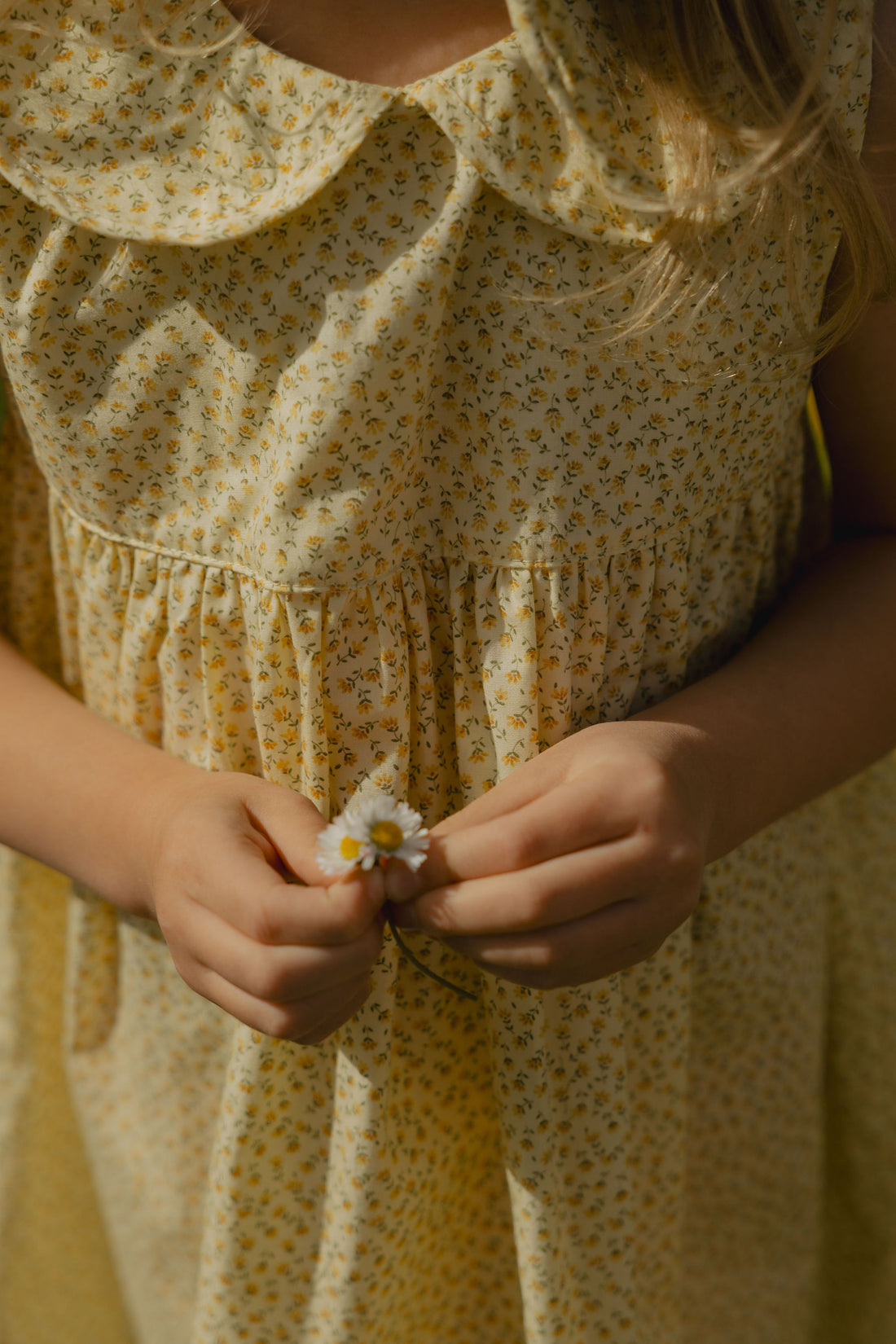Elma Colette Dress in Japanese Floral, featuring tiny yellow flowers on a soft buttery-yellow cotton base, Peter Pan collar and gathered skirt.