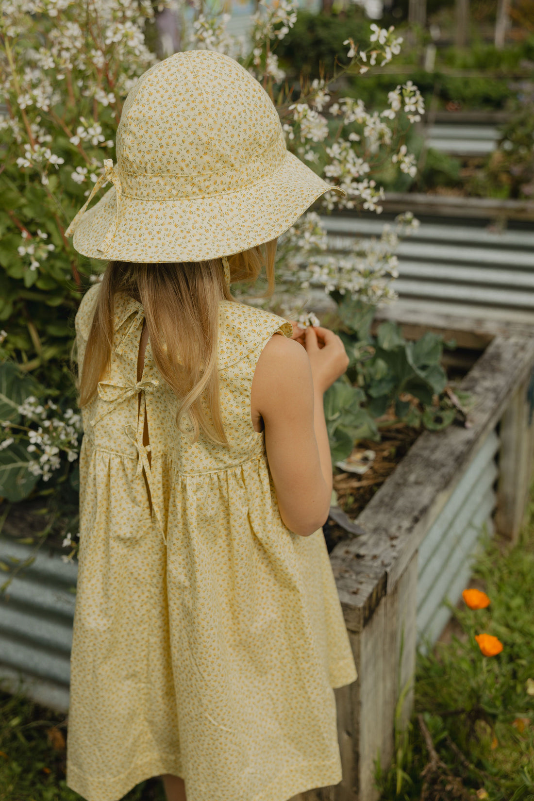 Elma Colette Dress in Japanese Floral, featuring tiny yellow flowers on a soft buttery-yellow cotton base, Peter Pan collar and gathered skirt.