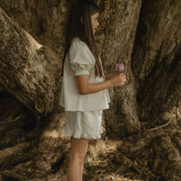 Elma Lilia Shorts in Japanese Ditsy floral, featuring an elasticated drawstring waistband, side pockets and ruffled hems with delicate white picot lace trim.
