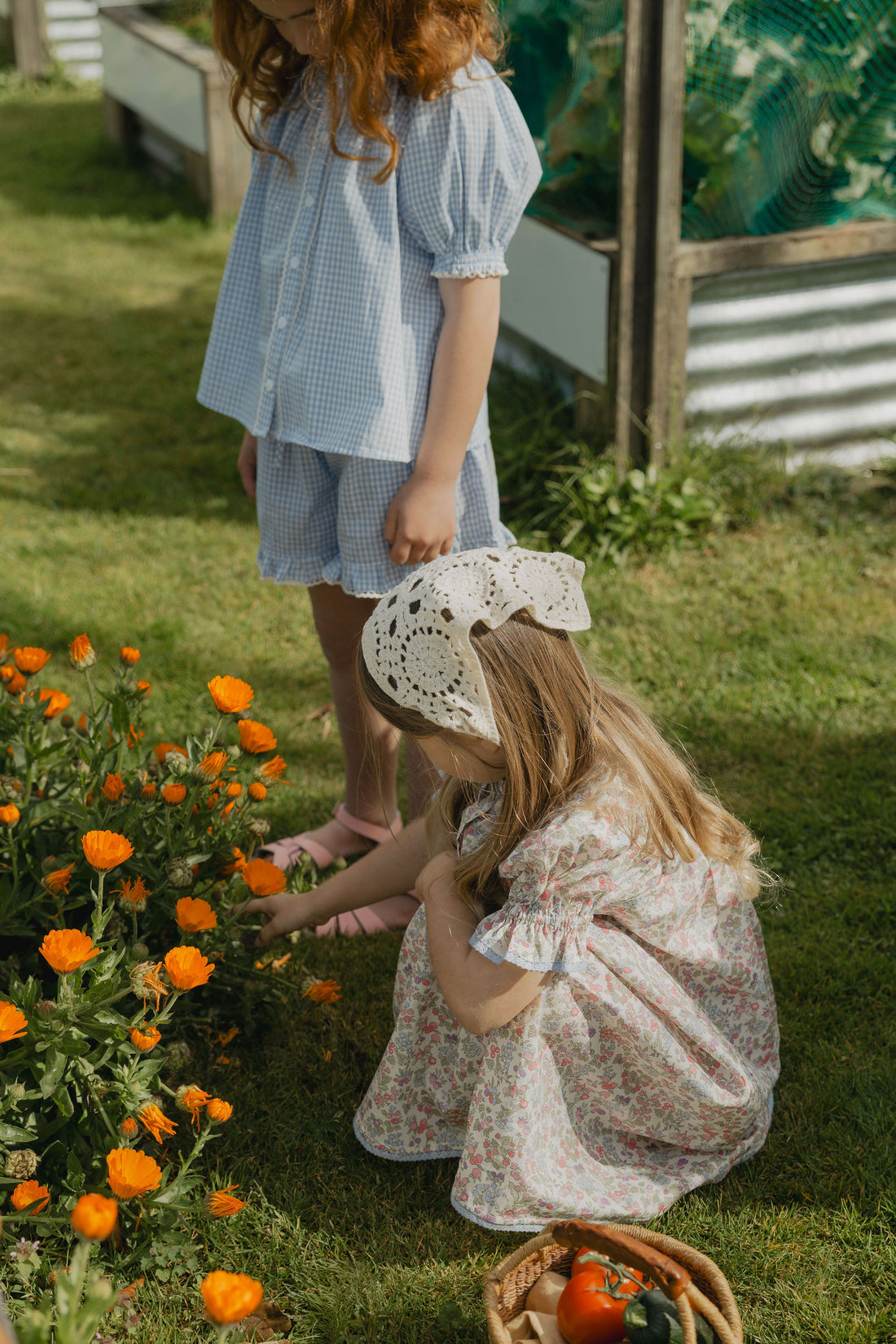 Elma Delphi Blouse in Cottage Blue Gingham, featuring soft blue and white cotton gingham, a shirred neckline, puff sleeves, elasticated cuffs and picot lace trim.