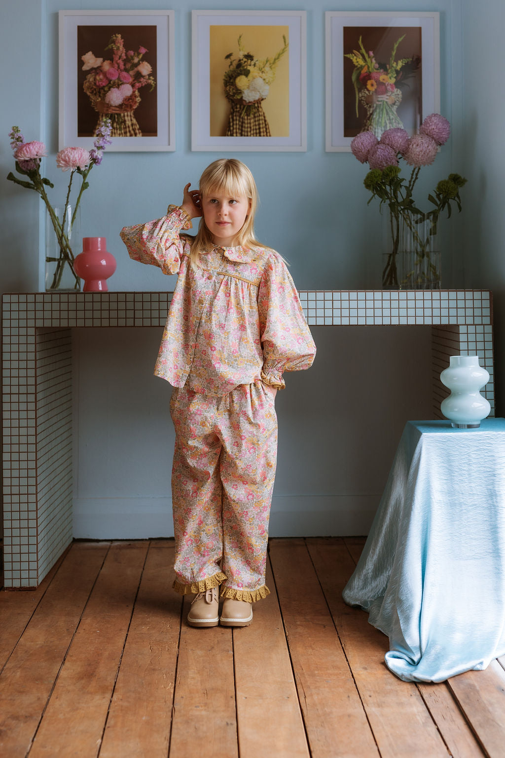 Girl wearing the Margaret Blouse in Liberty Morley Hill floral with scalloped Peter Pan collar and lace trim