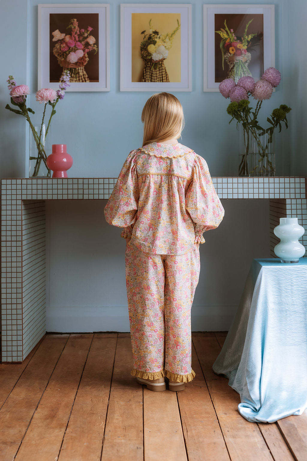 Girl wearing the Margaret Blouse in Liberty Morley Hill floral with scalloped Peter Pan collar and lace trim