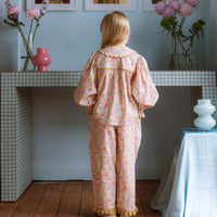 Girl wearing the Margaret Blouse in Liberty Morley Hill floral with scalloped Peter Pan collar and lace trim
